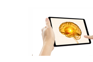 tablet with a 3D brain illuminated at the core