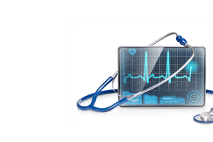 HSR biomed ref1 card stethoscope and a tablet with a heart rhythm