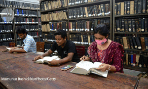 students in library