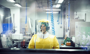 woman in bio suit