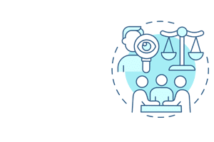 graphic of scale, group, and man with magnifying glass