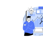 man looking at screen with ideas and data