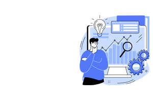 man looking at screen with ideas and data