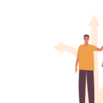 man with arrows facing varying directions in the background