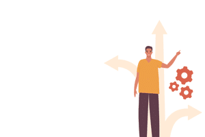 man with arrows facing varying directions in the background