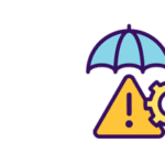 umbrella icon over caution sign with cog