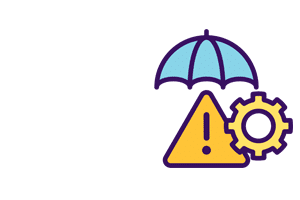 umbrella icon over caution sign with cog
