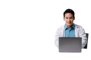 doctor on labtop, front view