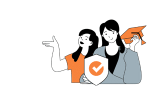 teacher and student holding shield with checkmark