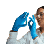 Female researcher looking at vial
