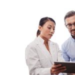 healthcare professionals discussing over tablet
