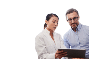 healthcare professionals discussing over tablet