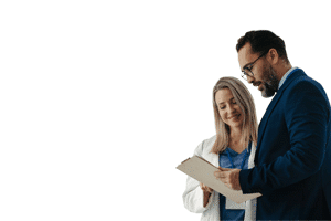 female physician cordially speaking to man in suit