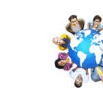 international students surrounding a globe