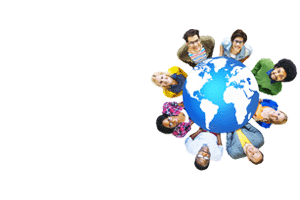 international students surrounding a globe