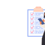 woman with large clipboard behind him with checkmarks