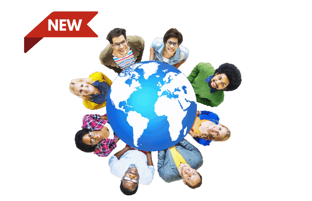 students circling a globe from top perspective